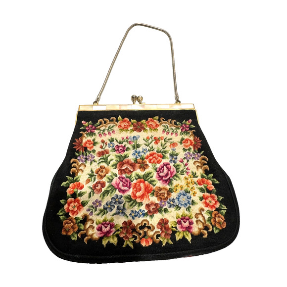 VTG Purse Tapestry Petit Point Needlepoint Floral Mother Pearl Frame Clutch Bag - Picture 1 of 11